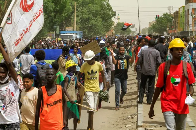 People march during a demonstration against military rule in the Bashdar area of el-Diam district of Sudan's capital Khartoum on June 16, 2022.