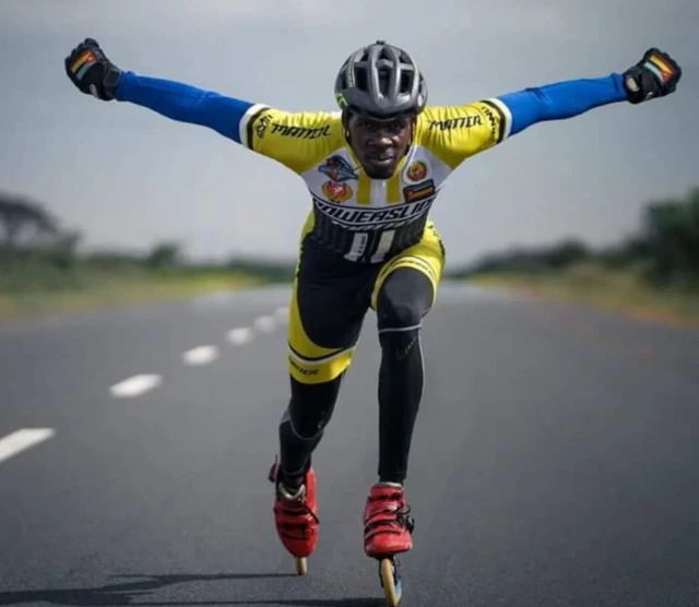 One of the roller-bladders skating the length of Mozambique