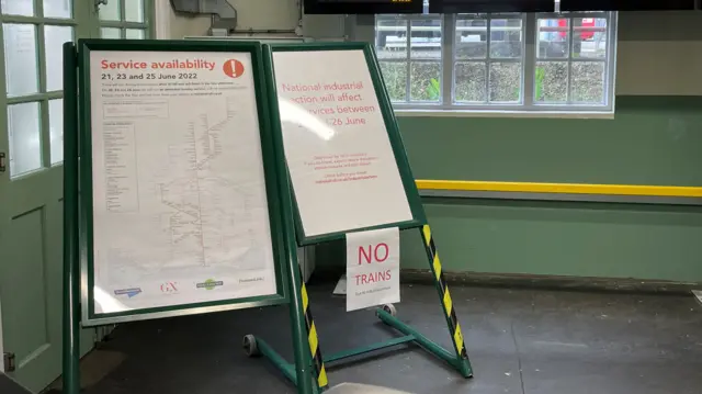 Signs at Barnham station warning of no trains today