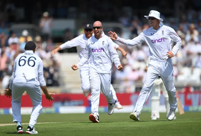 Jack Leach celebrates wicket