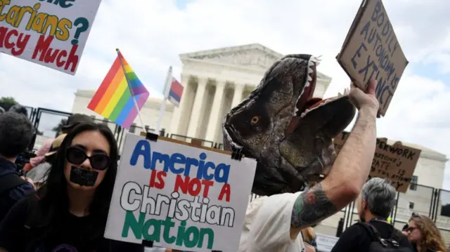 Image shows activists outside Supreme Court