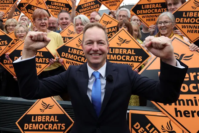 Tiverton and Honiton by-election winner Richard Foord reacts during his victory rally