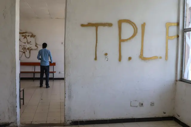 TPLF graffiti is scrawled on the walls at the Mersa Metro Hospital in North Wollo on January 12, 2022 in Mersa, Ethiopia.