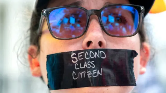 Image shows activists outside Supreme Court