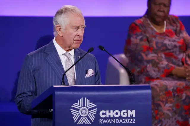 Prince of Wales addresses the audience during the opening ceremony of the Commonwealth Heads of Government Meeting at Kigali