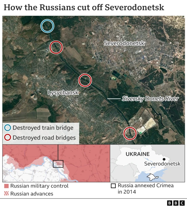 Map showing bridges to Severodonetsk destroyed