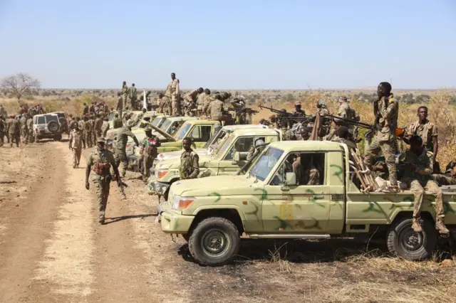 Sudan's army chief Abdel Fattah al-Burhan visits military units at his country's border area with Ethiopia on Monday, in Al-Fashqa area, Sudan on November 29, 2021