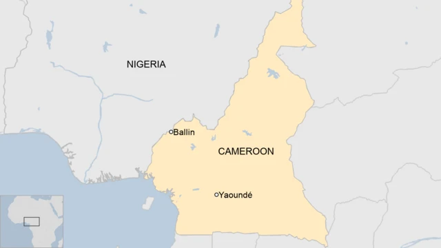 A map of Cameroon showing Ballin village, and the capital city Yaoundé.