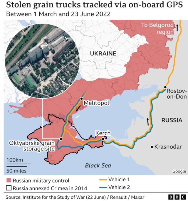 Map showing the route of stolen grain trucks from Ukraine to Russia