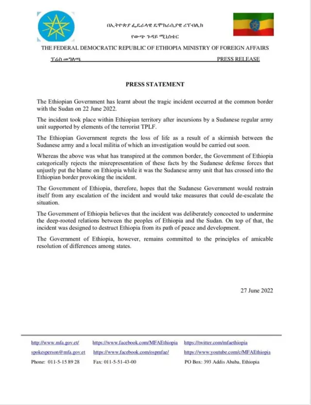 A statement from the Ethiopian Ministry of Foreign Affairs