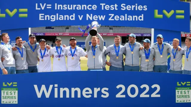 England celebrating with the series trophy