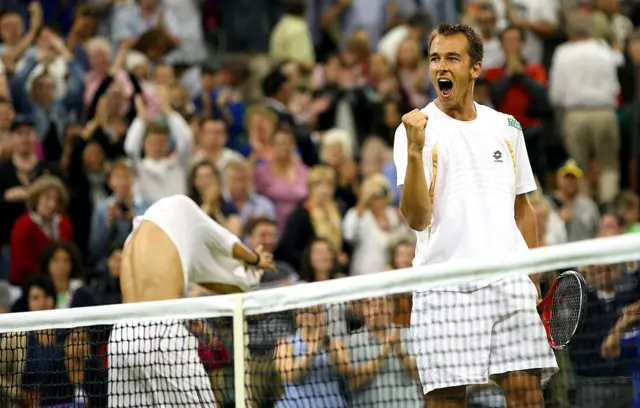 Lukas Rosol celebrates beating Rafael Nadal in 2012