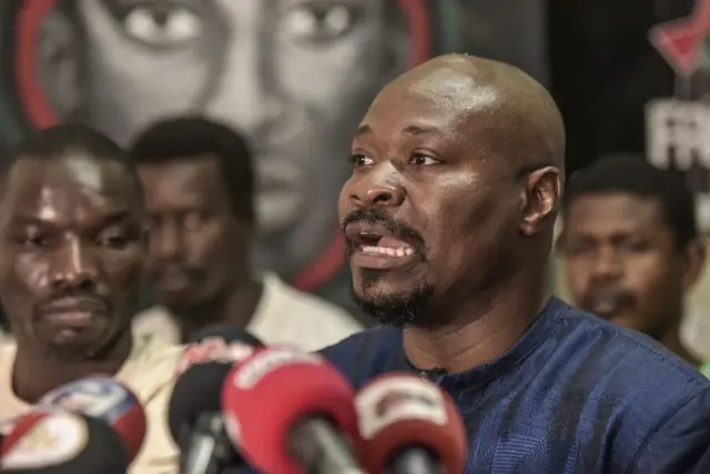 Senegalese activist Guy Marius Sagna, speaks at the headquarters of the citizen movement Frapp France Degage in Dakar on March 25, 2021,