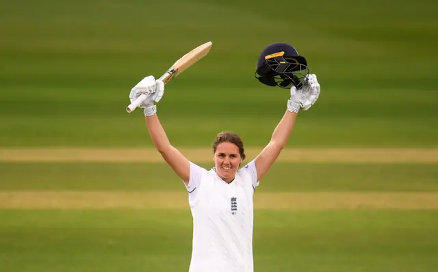 Nat Sciver celebrates her maiden Test century for England v South Africa at Taunton