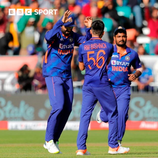 Ravi Bishnoi celebrates taking the wicket of Paul Stirling