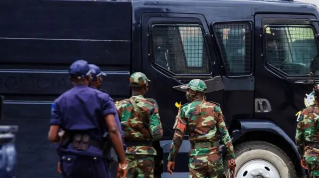 Angolan soldiers are seen during an anti-government demonstration in Luanda on October 24, 2020.