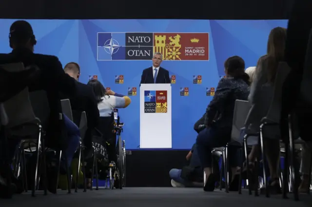 Jens Stoltenberg speaks at a press conference in Madrid