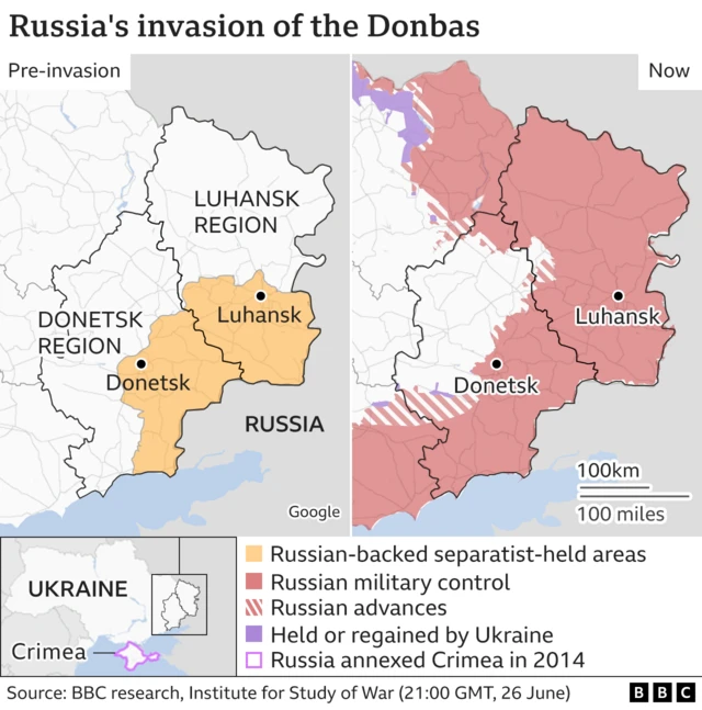 Map showing Russia's invasion of the Donbas