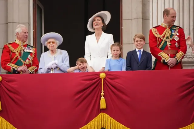 The Prince of Wales , Queen Elizabeth II , Prince Louis, the Duchess of Cambridge, Princess Charlotte, Prince George, and the Duke of Cambridge on the balcony of Buckingham Palace yesterday