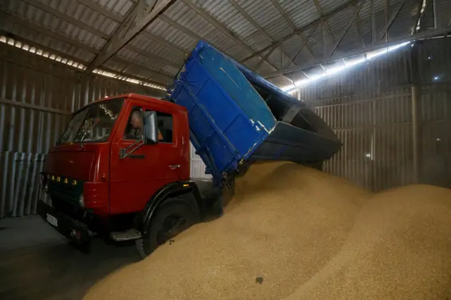 A driver unloads a truck of gran in Ukraine