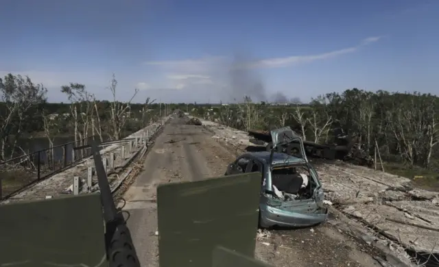 A damaged road near the front line in Severodonetsk