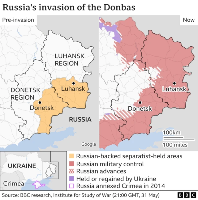 This map shows the extent of Russian control over the Donbas, before the war and after