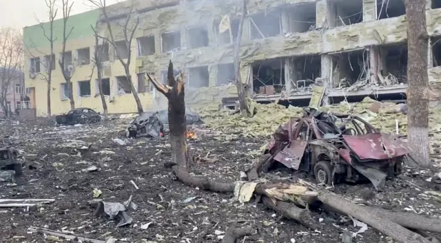 Debris is seen on site of the destroyed Mariupol children's hospital