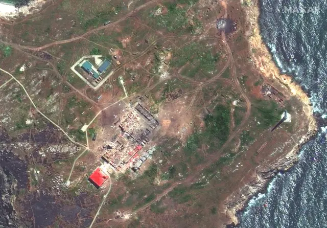 A satellite picture of Snake island, taken on 12 May, shows destroyed buildings