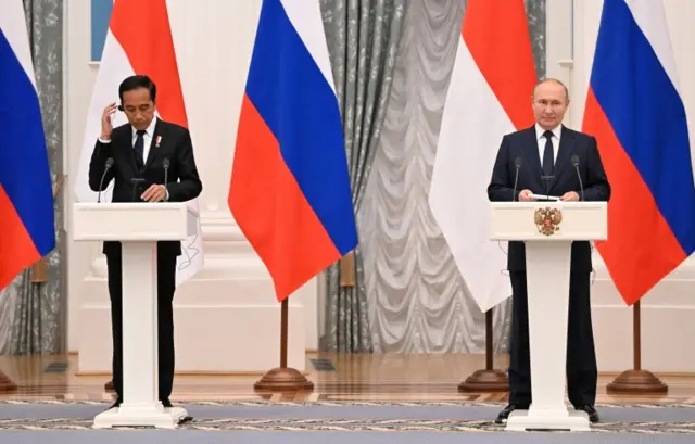 Russian President Vladimir Putin and Indonesian President Joko Widodo attend a joint news conference following their meeting in Moscow