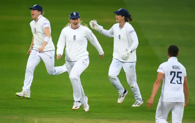 Left to right: Heather Knight, Sophie Ecclestone, Amy Jones and Issy Wong celebrating a wicket