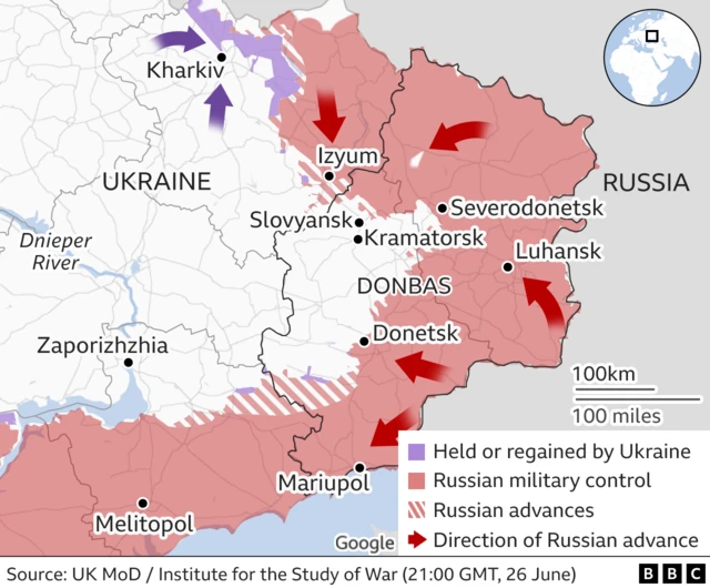 Map showing areas of control in eastern Ukraine