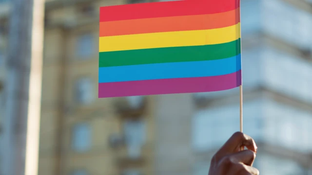 A person holding a rainbow flag