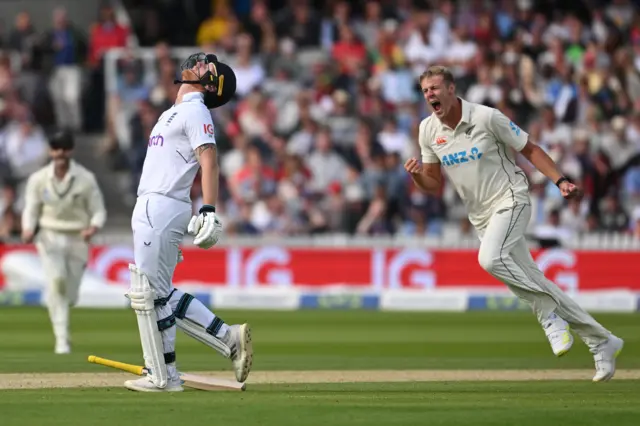 Kyle Jamieson celebrates Ben Stokes wicket