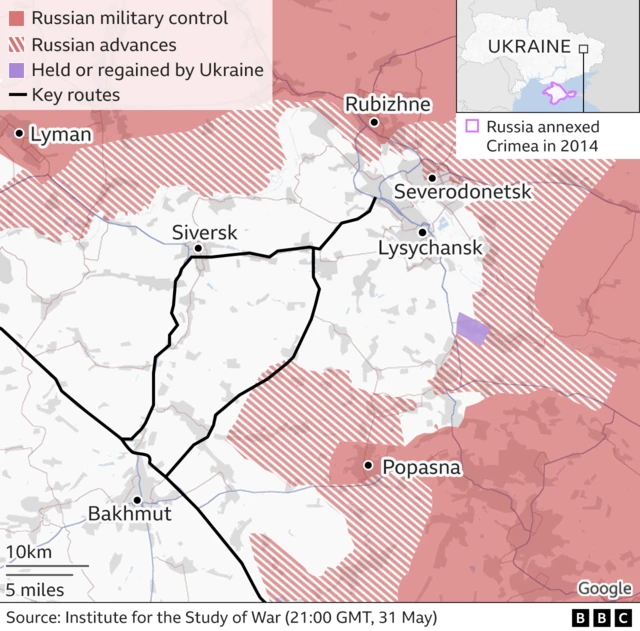 A map showing areas of Russian military control around Severodonetsk