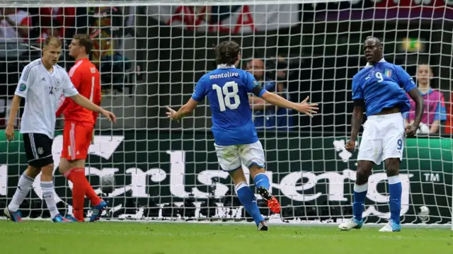 Mario Balotelli celebrates scoring against Germany at Euro 2012