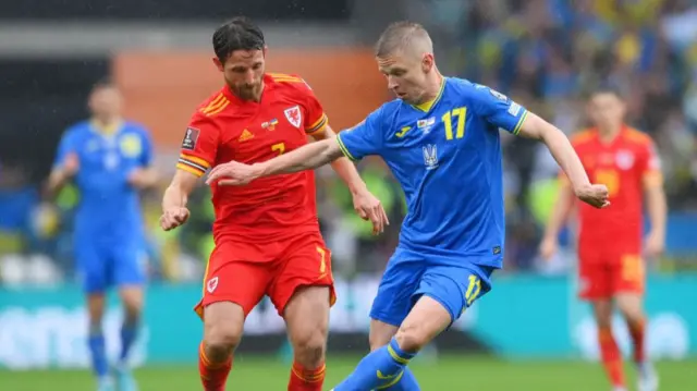 Oleksandr Zinchenko of Ukraine is challenged by Joe Allen of Wales