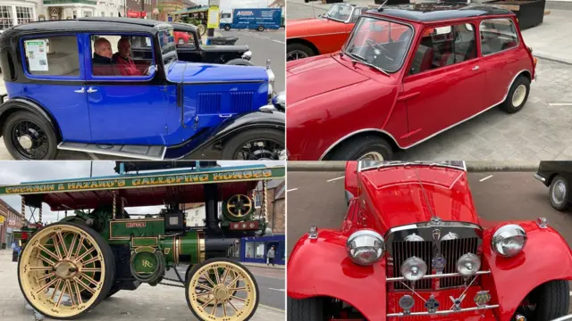 A traction engine and classic cars