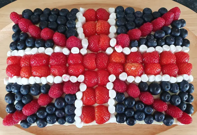 Victoria sandwich with Union flag topping made from fruit