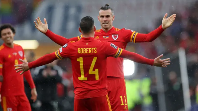 Gareth Bale and Connor Roberts celebrate