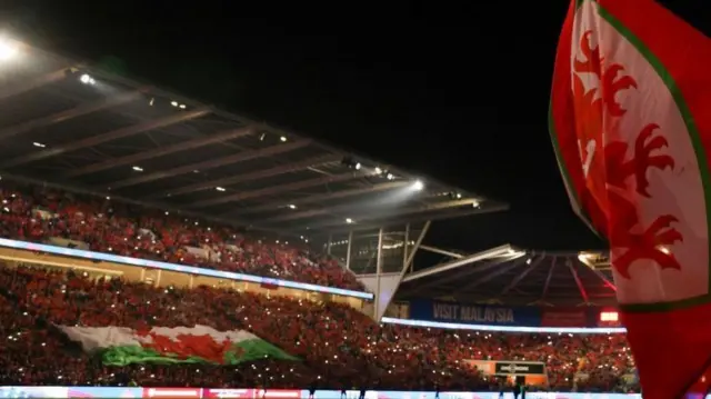 Wales fans - wide shot of Cardiff City Stadium