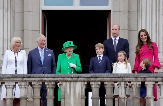 Queen, Prince Charles and Camilla, and the Duke and Duchess of Cambridge with their three children.