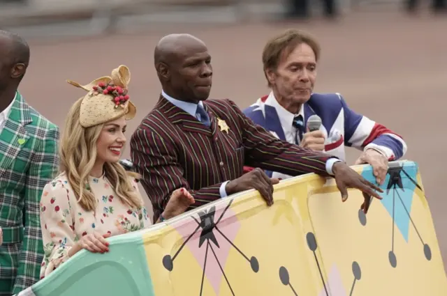 Sir Cliff Richard on a bus with Chris Eubank and Katherine Jenkins as part of the Jubilee pageant