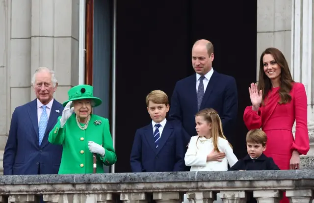 The Queen and other royals on the balcony of Buckingham Palace