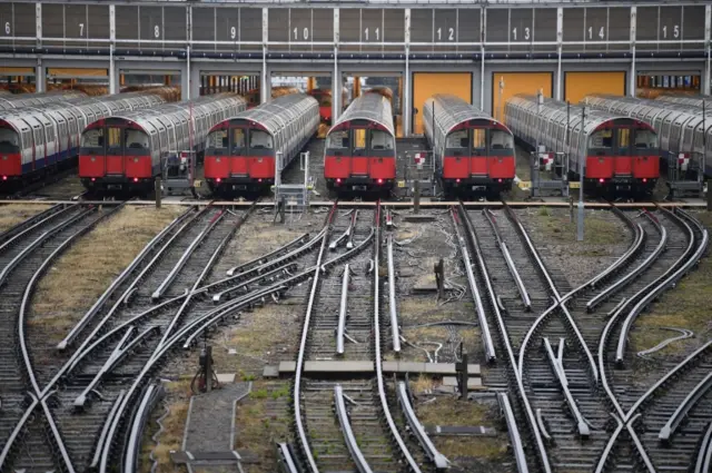 Tube trains lined up at a depot