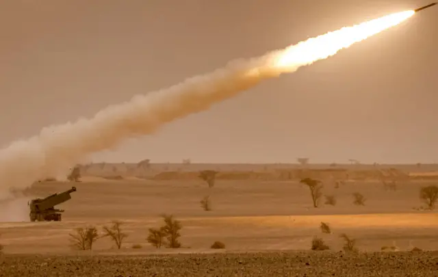 A rocket is launched from an American HIMARS rocket launcher