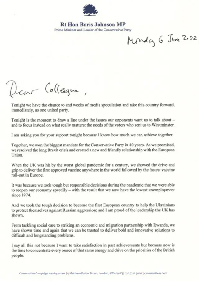 First page of Boris Johnson letter to MPs
