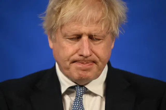 Boris Johnson at the Downing Street press conference following publication of the Sue Gray report