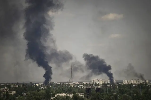 Severodonetsk skyline with smoke rising