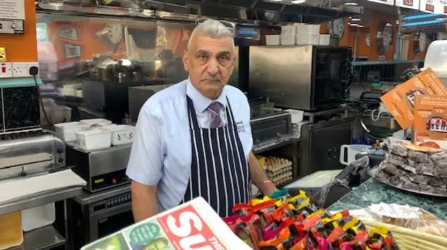 Frank Mobed in his cafe in Northfield, Birmingham