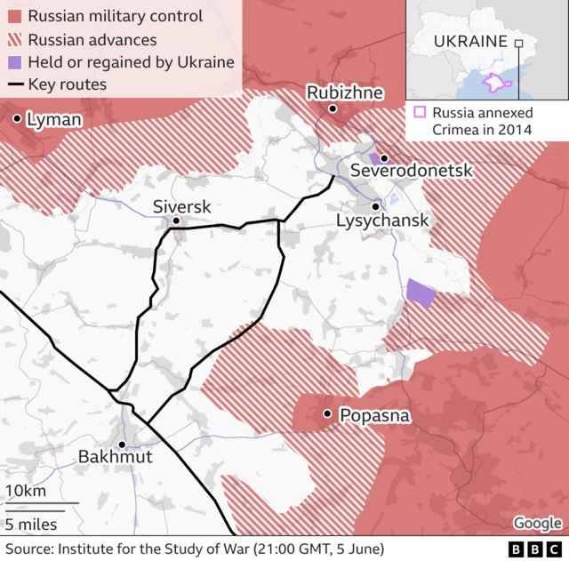 Map shows Russian advances around Severodonetsk, Severodonetsk and Lysychansk